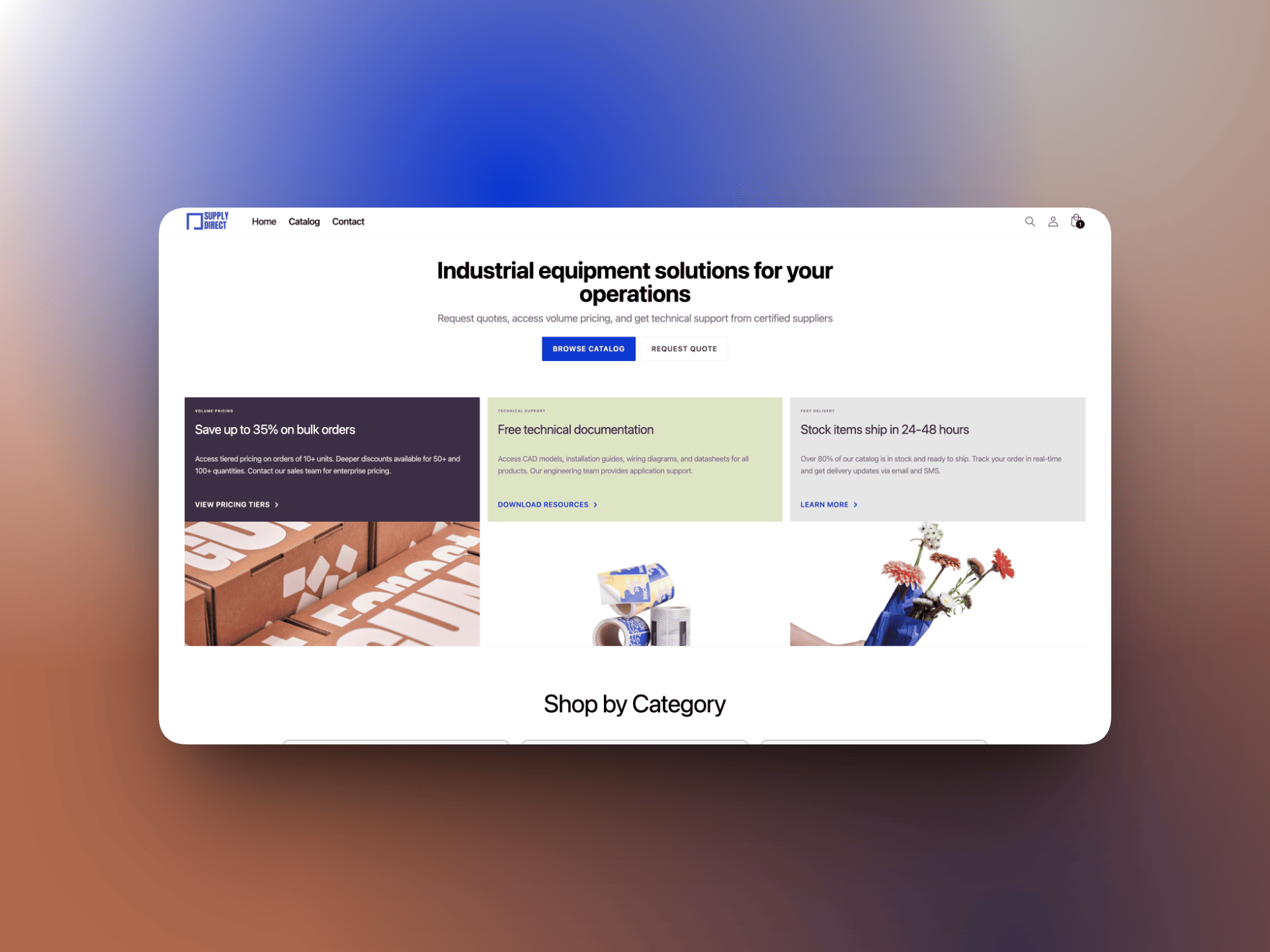 Industrial Supply Direct B2B product page with tabbed technical specifications and volume tier pricing